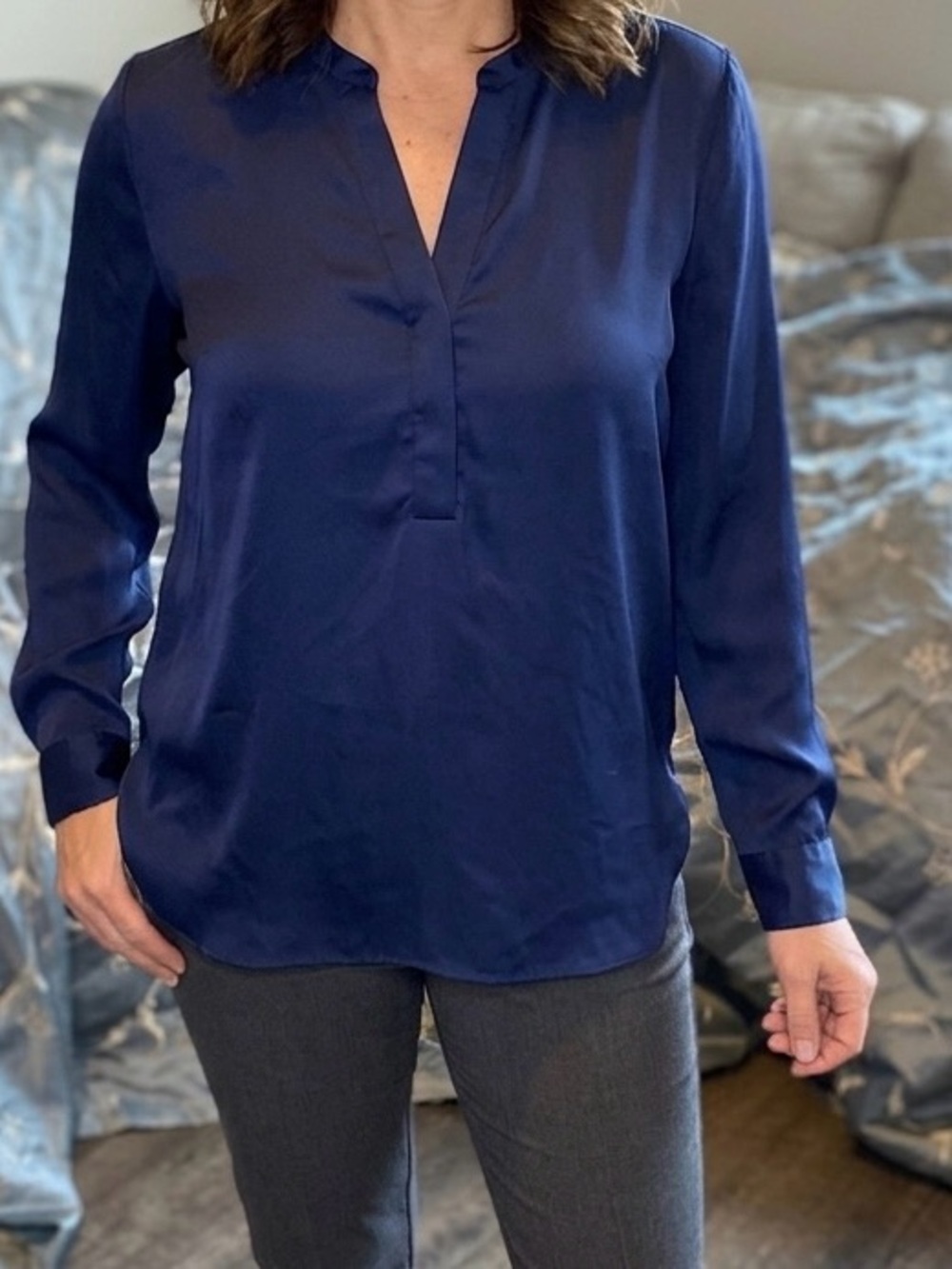 Dalia Collection Deep Navy V-Notch Long Sleeve Blouse